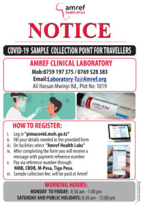 COVID-19 Sample Collection Point for Travellers at Amref Clinical Laboratory